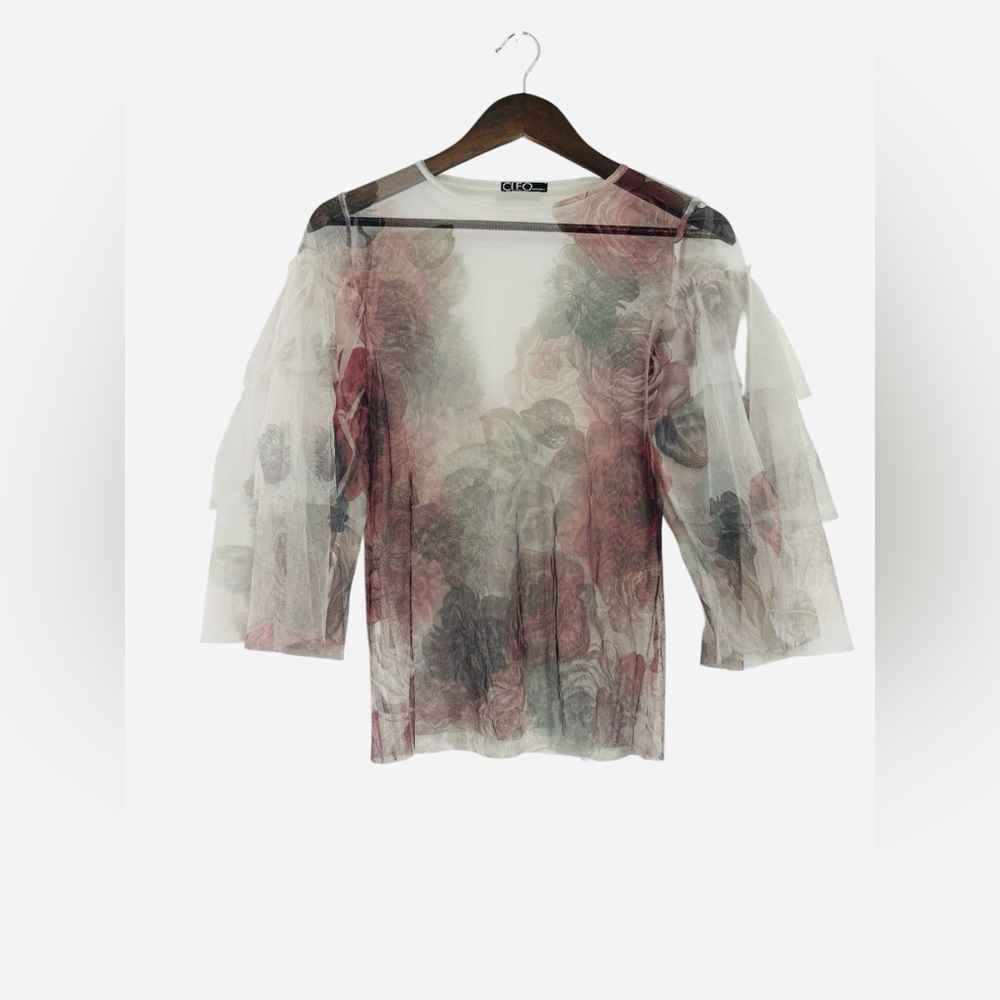 Cleo Apparel White Sheer Mesh Floral Top Tiered Ruffle Sleeve Fairy Grunge Med